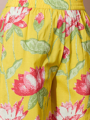 Printed Yellow A-Line Kurta Set Featuring Strappy Shoulders And Flared Trousers