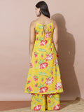 Printed Yellow A-Line Kurta Set Featuring Strappy Shoulders And Flared Trousers