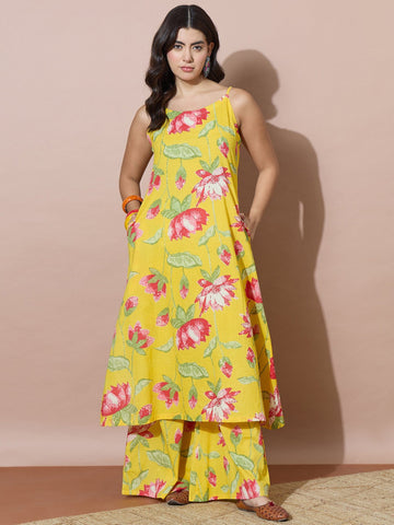 Printed Yellow A-Line Kurta Set Featuring Strappy Shoulders And Flared Trousers