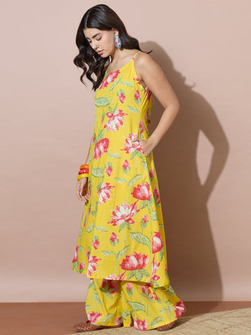 Printed Yellow A-Line Kurta Set Featuring Strappy Shoulders And Flared Trousers