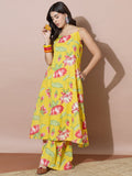 Printed Yellow A-Line Kurta Set Featuring Strappy Shoulders And Flared Trousers