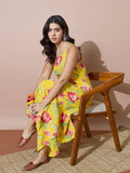 Printed Yellow A-Line Kurta Set Featuring Strappy Shoulders And Flared Trousers