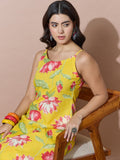 Printed Yellow A-Line Kurta Set Featuring Strappy Shoulders And Flared Trousers