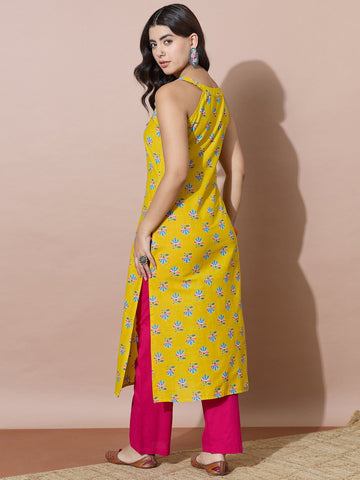 Bright Yellow Straight Kurta With Pink Pants