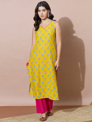 Bright Yellow Straight Kurta With Pink Pants