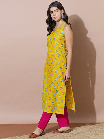 Bright Yellow Straight Kurta With Pink Pants