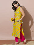 Bright Yellow Straight Kurta With Pink Pants