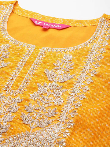 Mustard Bandhani Printed Round Neck Embroidered Yoke Straight Kurta Paired With Tonal Bottom And Dupatta