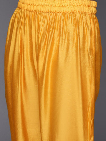 Mustard Bandhani Printed Round Neck Embroidered Yoke Straight Kurta Paired With Tonal Bottom And Dupatta