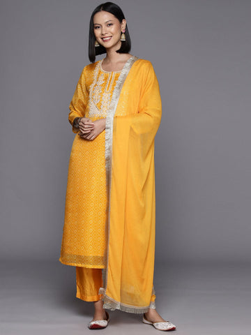 Mustard Bandhani Printed Round Neck Embroidered Yoke Straight Kurta Paired With Tonal Bottom And Dupatta