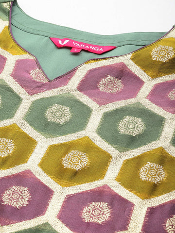 Varanga Green Geometric Woven Texture Straight Kurta Paired With Tonal Bottom And Dupatta