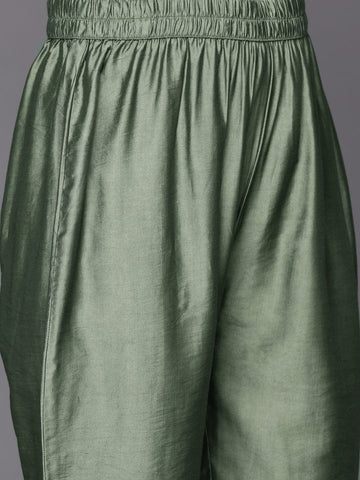 Varanga Green Geometric Woven Texture Straight Kurta Paired With Tonal Bottom And Dupatta