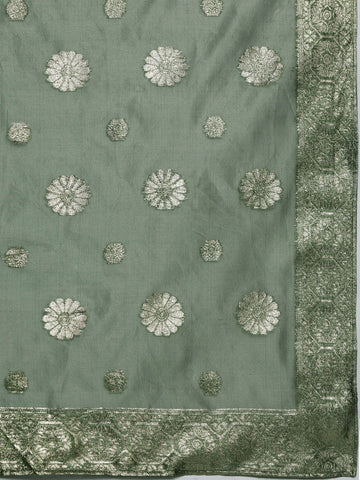 Varanga Green Geometric Woven Texture Straight Kurta Paired With Tonal Bottom And Dupatta