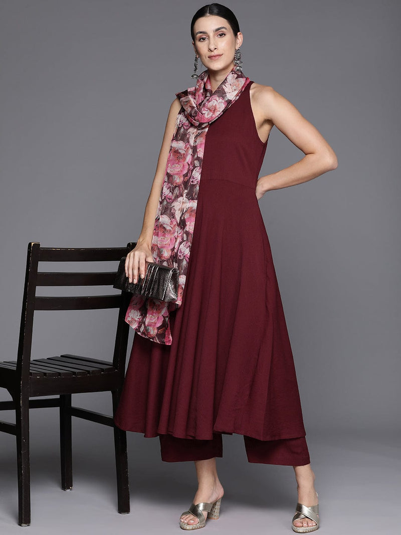 Maroon Halter Neck Anarkali Kurta Paired With Tonal Botom And Tonal Floral Printed Dupatta