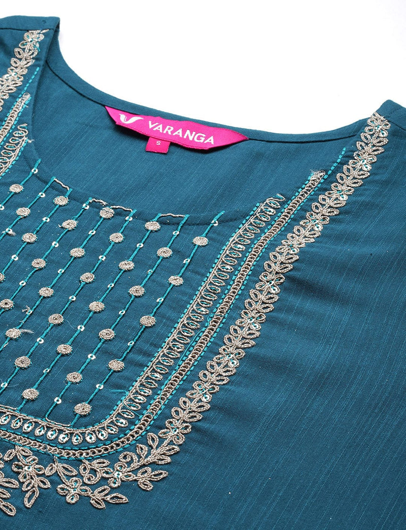 Blue Round Neck Embroidered Yoke Straight Kurta Paired With Tonal Bottom And Dupatta