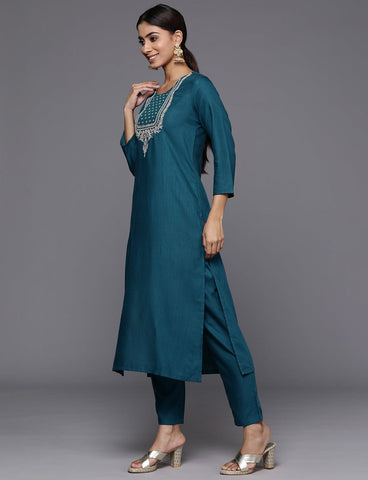 Blue Round Neck Embroidered Yoke Straight Kurta Paired With Tonal Bottom And Dupatta