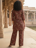 varanga women's Maroon Ethnic Kurta Set Straight-fit kurta with slit neckline, paired with straight trousers.