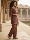 varanga women's Maroon Ethnic Kurta Set Straight-fit kurta with slit neckline, paired with straight trousers.