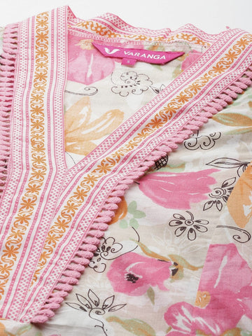 Varanga Women Off White Floral Printed A-Line Kurta With Pink Printed Bottom