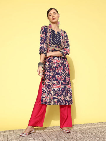 Varanga Women Navy Blue And Pink Floral Printed Gotta Patti Kurta