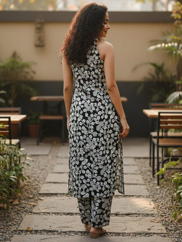 Sleeveless halter-neck floral kurta set in black and white tone, styled with printed full-length trousers.