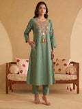 Women's Olive Green Mirror Embroidered Kurta Set with Cotton Dupatta