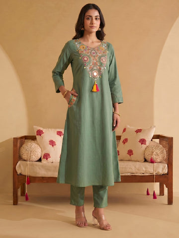 Women's Olive Green Mirror Embroidered Kurta Set with Cotton Dupatta