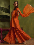 Rust Yoke Embroidered Kurta With Flared Sharara And Dupatta.