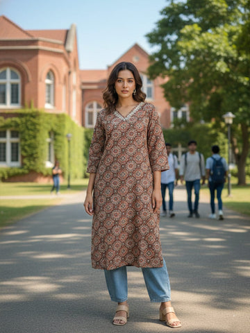 Varanga Traditional Jal Pattern Brown Kurta for Women