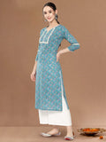 Blue Floral Printed Lace Embellished Kurta With 3/4Th Sleeves