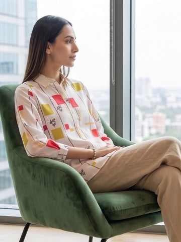 White Coloured Slim Collar Long Sleeves Colourblocked Shirt