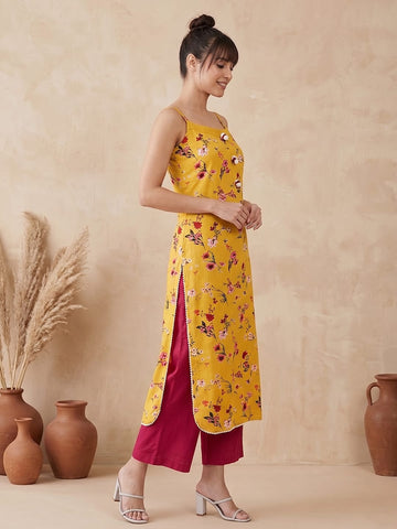 Varanga Mustard And Pink Printed Strap Kurta