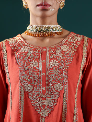 Varanga Women Rust Zari And Sequins Embroidred Anarakli Kurta With Bottom And Dupatta