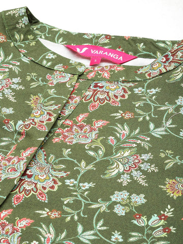 Varanga Women Olive Floral Printed Mandarin Collar Straight Kurta