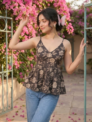 Varanga Women's Black & White Floral Printed Peplum Top