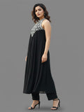 Black halter-neck A-line kurta featuring delicate white floral embroidery with matching solid trousers.