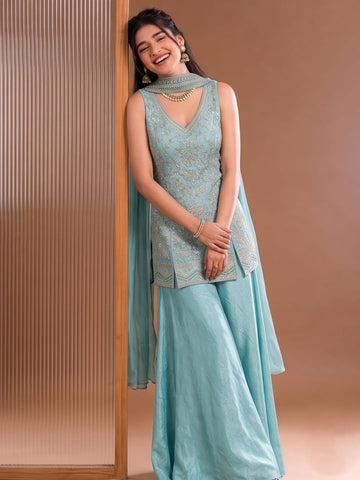 Sea Blue Embroidered Kurta Set Featuring Zari And Sequin Work With A Matching Flared Palazzo And Embellished Dupatta