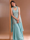 Sea Blue Embroidered Kurta Set Featuring Zari And Sequin Work With A Matching Flared Palazzo And Embellished Dupatta
