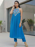 Varanga Women Halter Neck  Zari And Sequence Embroidered Sleeveless Flared Kurta Paired With Tonal Bottom