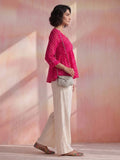 Women's Pink Bandhani Print Peplum Top With V-Neck And Gota Work Detailing