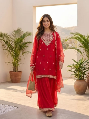 Zari Work Kurta With Sharara And Dupatta