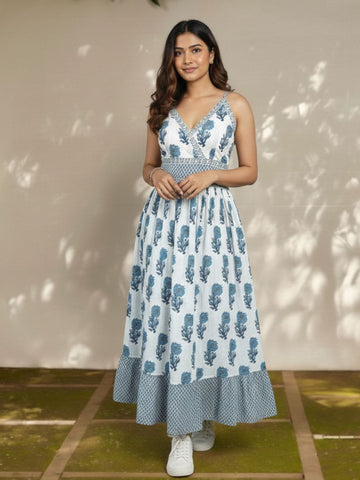 Smocked Tiered Midi in Blue Floral