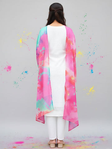 Varanga Women Self Embroidered Schiffli Bordered Kurta with Trouser & Multicolor Dupatta