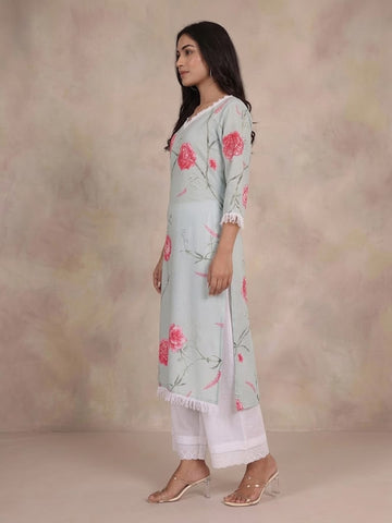 Varanga Women Floral Printed Lace Detail Straight Kurta