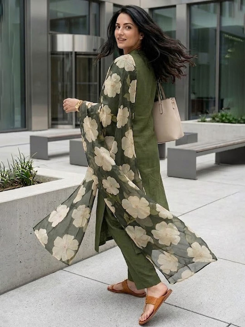 Women Olive Green Solid Kurta with Printed Organza Dupatta