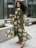 Women Olive Green Solid Kurta with Printed Organza Dupatta