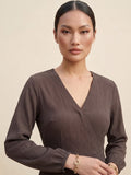 Brown Wrap Dress With A Flattering High-Low Silhouette .
