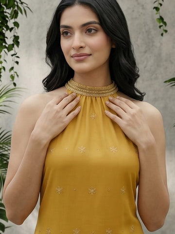 Varanga Women Mustard Halter Neck Straight Lurex Kurta with trouser