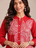 Crimson Red Embroidered Dress Featuring Bold Spiral Thread Work