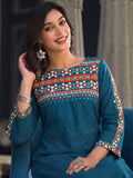 Women's Blue Yoke Embroidered Straight Kurta